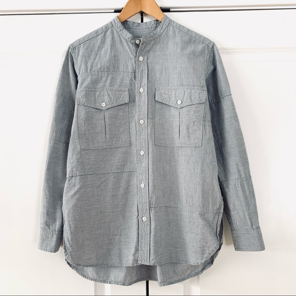 Billy Reid Sz XS Button Down Shirt Band Collar Patchwork Stripe Cotton Menswear - Picture 9 of 9